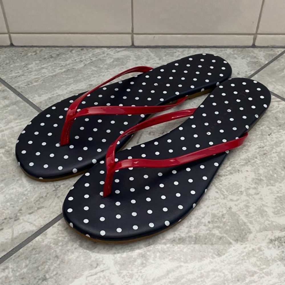 LC Lauren Conrad Navy Polka Dot Flip Flops with Red Straps